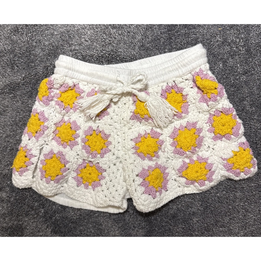 HOP Girls Crochet Granny Square Shorts Cotton Lined Tassel Floral Boho 4-5Y Kids
